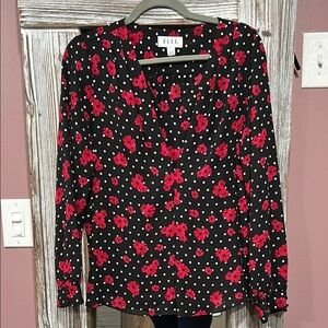 Elle Black Blouse with Red Flowers and White Polka Dots